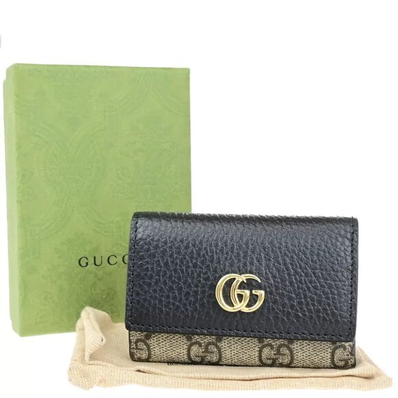 GUCCI GG Logo Marmont key case Supreme Leather Bicolor Black Brown GHW 30RF201 - Picture 1 of 13